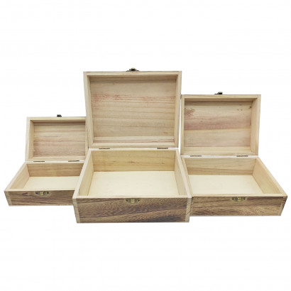 Conjunto 3 cajas de madera, forma de baúl, 9 x 19 x 15,5 cm, juego cajas rectangulares decorativas, cierre metálico frontal, almacenaje objetos de valor, joyas