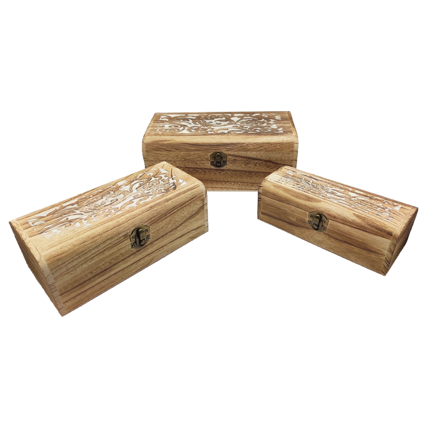 Conjunto de 3 cajas de madera, forma de baúl, 9,5 x 25 x 14 cm, juego cajas rectangulares decorativas, cierre metálico frontal, almacenaje objetos de valor, joyas