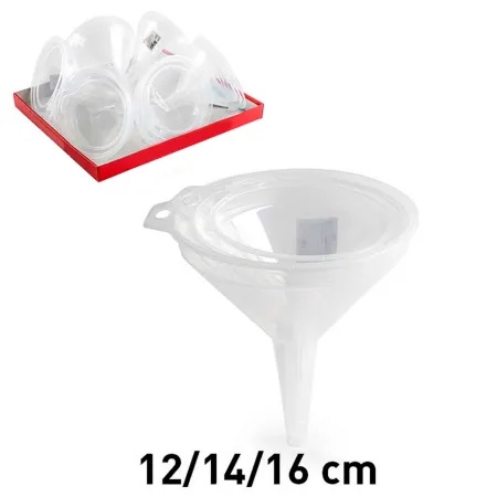 Set embudos de plástico resistente translúcido de distintos tamaños. Ideal para la cocina y diversos usos. 12 cm / 14 cm / 16 cm