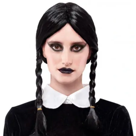 Tradineur - Peluca de Miércoles Addams, dos trenzas, fibra sintética, complemento para disfraz de carnaval, Halloween, cosplay, 