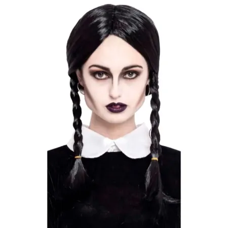 Tradineur - Peluca de Miércoles Addams, dos trenzas, fibra sintética, complemento para disfraz de carnaval, Halloween, cosplay, 