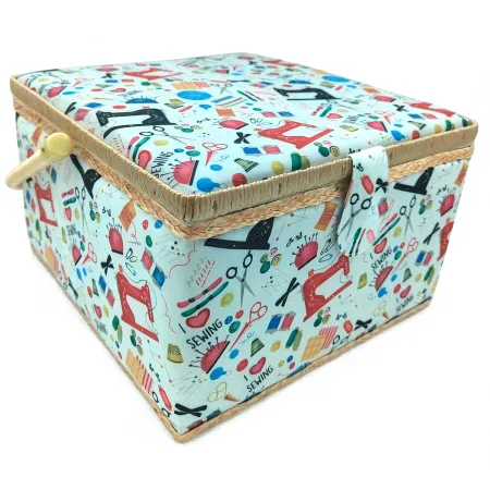 Tradineur - Caja de Costura Portátil Cuadrada - Fabricado en Madera y Poliéster - Cuenta con Bandeja de 7 Compartimentos - Ideal