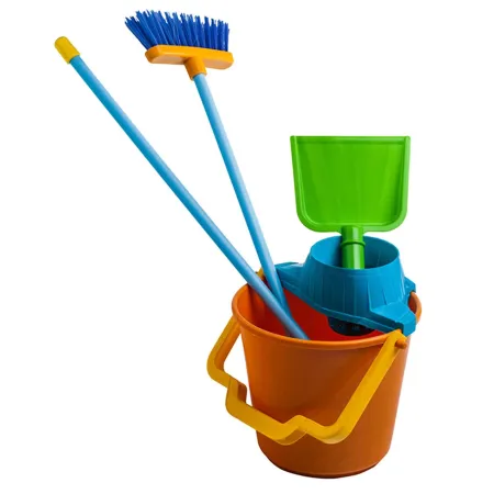 Tradineur - Kit de limpieza de juguete con 4 utensilios, plástico resistente, cubo, fregona, escoba y recogedor, barrer, fregar, Tradineur - Kit de limpieza de juguete con 4 utensilios, plástico resistente, cubo, fregona, escoba y recogedor, barrer, fregar,