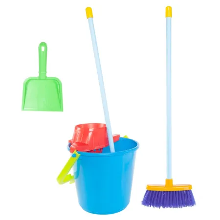 Tradineur - Kit de limpieza de juguete con 4 utensilios, plástico resistente, cubo, fregona, escoba y recogedor, barrer, fregar, Tradineur - Kit de limpieza de juguete con 4 utensilios, plástico resistente, cubo, fregona, escoba y recogedor, barrer, fregar,