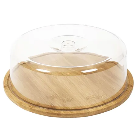 Tradineur - Quesera redonda con tapa de plástico y base de bambú 28 x 9,4 cm. Recipiente para conservar queso o embutidos