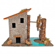 Noria con caseta para belén navideño 11 x 15,5 x 9 cm, corcho y resina, molino, casa, figura para nacimiento, pesebre, navidad, decoración tradicional