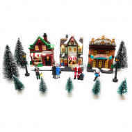 Poblado navideño con luz, 17 piezas, 58 x 15 x 15 cm, pueblo nevado con casas, abetos y habitantes, papá noel, muñeco nieve, decoración de navidad