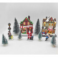 Poblado navideño con luz, 17 piezas, 58 x 15 x 15 cm, pueblo nevado con casas, abetos y habitantes, papá noel, muñeco nieve, decoración de navidad