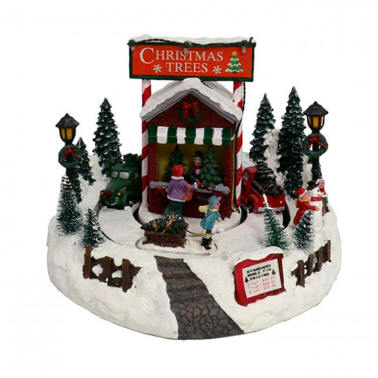 Puesto de venta árboles navidad con luces LED, música y movimiento 20 x 24 cm, resina y plástico, poblado navideño, paisaje montañoso nevado, abetos, figuras decorativas de navidad con luz