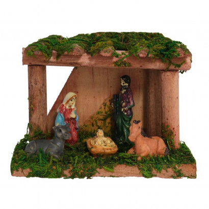 Portal de belén, cueva con figuras del nacimiento 8,5 x 12 x 5 cm, niño Jesús, virgen María, José, buey y mula, pesebre belén navideño, madera y resina, decoración navidad tradicional