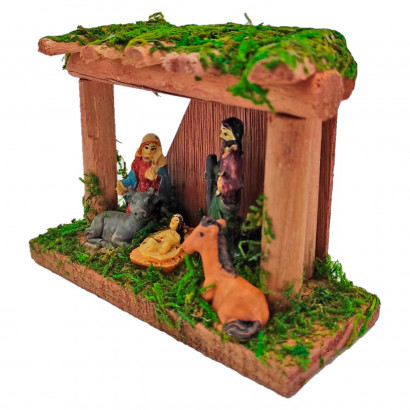 Portal de belén, cueva con figuras del nacimiento 8,5 x 12 x 5 cm, niño Jesús, virgen María, José, buey y mula, pesebre belén navideño, madera y resina, decoración navidad tradicional