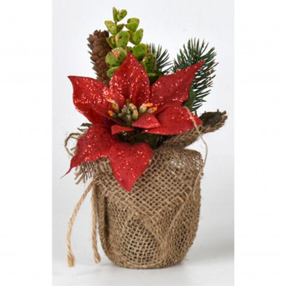 Maceta navidad de poliéster con glitter rojo 17 cm, planta artificial decorativa de navidad, decoración festiva repisa chimenea, ventana, estantería, hogar, modelo aleatorio