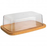 Mantequillera rectangular con tapa de plástico y base de madera 6 x 19 x 12,3 cm, mantequera, recipiente para guardar y cortar mantequilla, queso, embutidos