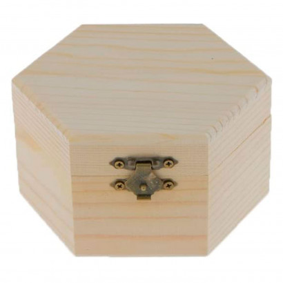 Caja de madera hexagonal con cierre metálico 6 x 11,7 x 10,3 cm, cajita decorativa de madera natural sin tratar para manualidades, guardar objetos pequeños, joyas, regalo original