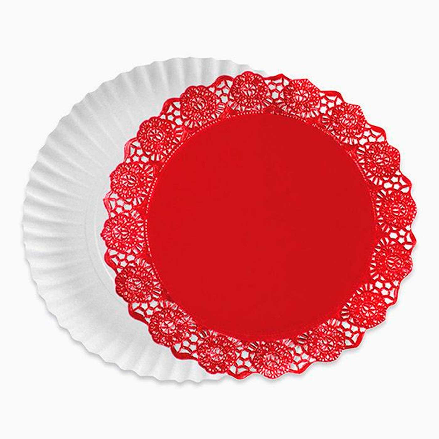 Bandeja de cartón redonda blanca con blonda roja, diámetro 34,5 cm, fuente reciclable para pasteles con encaje de papel, especial para fiestas o celebraciones, presentación de postres