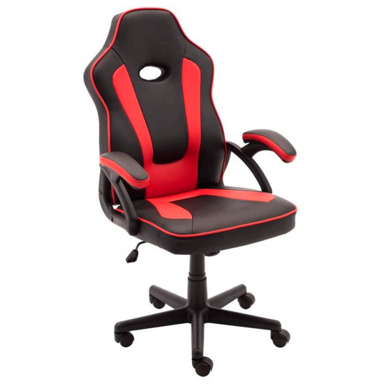 Silla gaming ergonómica de cuero sintético, negro y rojo, silla de oficina giratoria con ruedas, altura e inclinación ajustables, escritorio, gamer, videojuegos