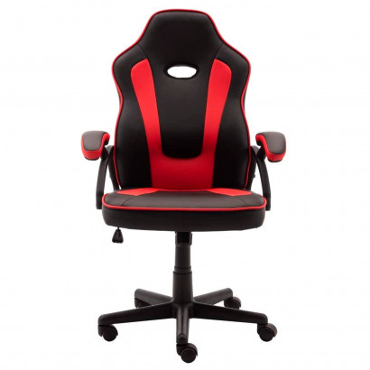 Silla gaming ergonómica de cuero sintético, negro y rojo, silla de oficina giratoria con ruedas, altura e inclinación ajustables, escritorio, gamer, videojuegos