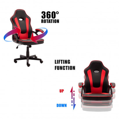 Silla gaming ergonómica de cuero sintético, negro y rojo, silla de oficina giratoria con ruedas, altura e inclinación ajustables, escritorio, gamer, videojuegos