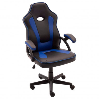 Silla gaming de cuero sintético, ergonómica, negro y azul, silla de oficina giratoria con ruedas, altura e inclinación ajustables, escritorio, gamer, videojuegos