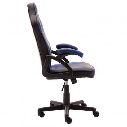 Silla gaming de cuero sintético, ergonómica, negro y azul, silla de oficina giratoria con ruedas, altura e inclinación ajustables, escritorio, gamer, videojuegos