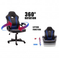 Silla gaming de cuero sintético, ergonómica, negro y azul, silla de oficina giratoria con ruedas, altura e inclinación ajustables, escritorio, gamer, videojuegos