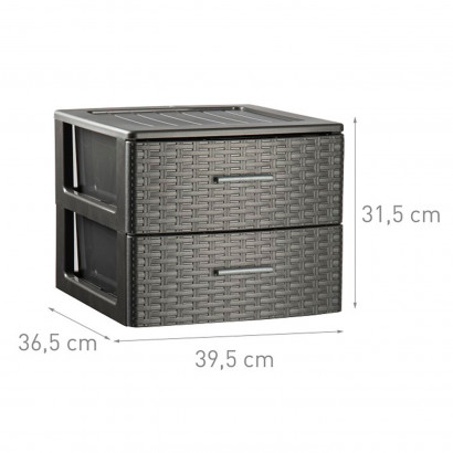 Plastic Forte - Cajonera de ordenación Rattan de plástico, 2 cajones, efecto mimbre 31,5 x 39,5 x 36,5 cm, gris antracita. Torre de almacenaje multiusos, organizador auxiliar, almacenamiento, baño