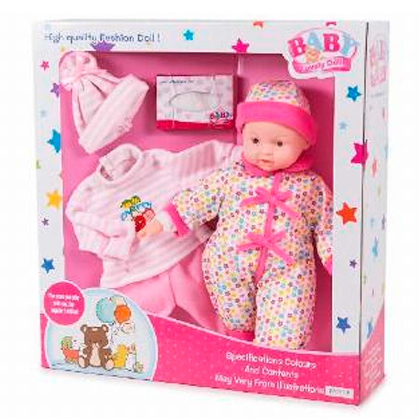 Toinsa - Muñeco bebé con sonido y accesorios de ropa surtidos, juguete muñeca baby con vestidos, dimensiones aproximadas 35 x 26 x 7 cm