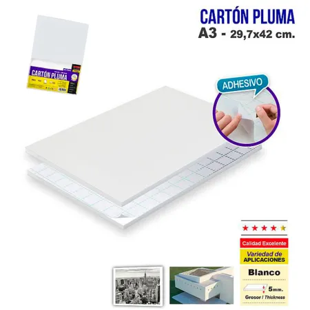 Tradineur - Lámina de cartón pluma adhesiva A3, 5 mm de grosor, manualidades, soporte para presentaciones, maquetas, base de cua Tradineur - Lámina de cartón pluma adhesiva A3, 5 mm de grosor, manualidades, soporte para presentaciones, maquetas, base de cua