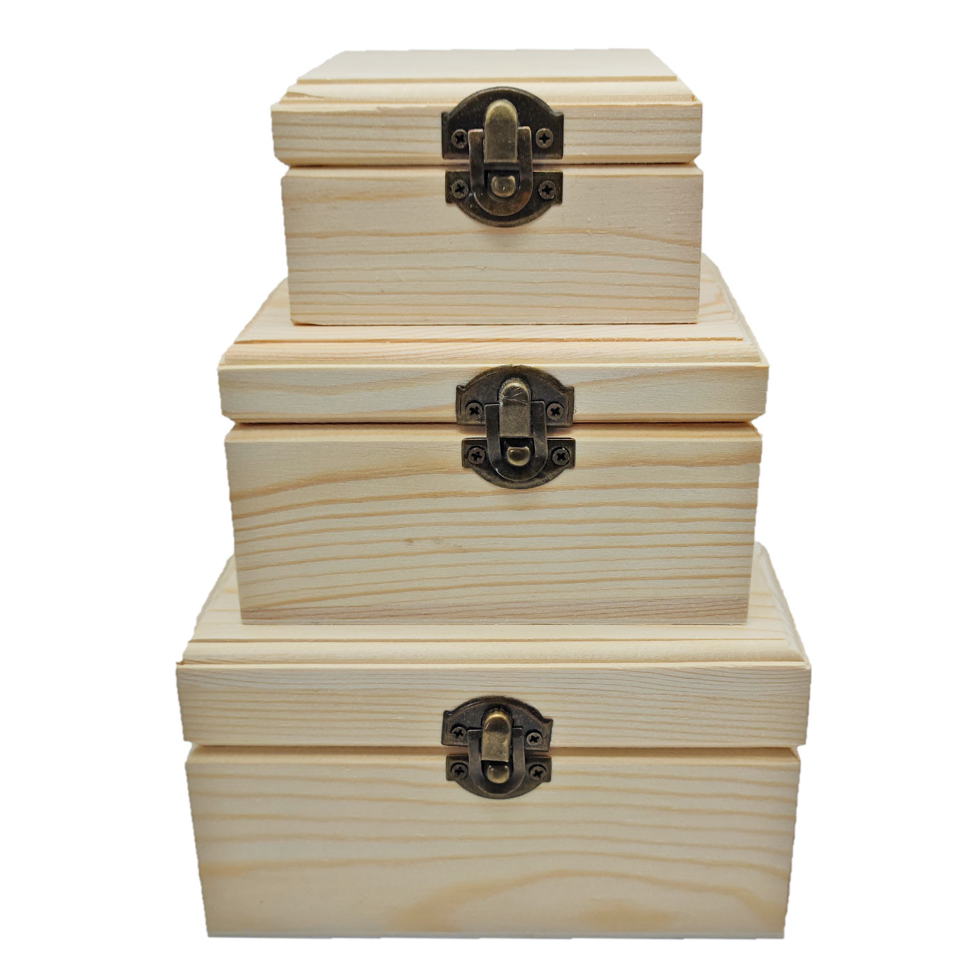 Set de 3 cajas cuadradas de madera natural sin tratar, juego cajas decorativas, cierre metálico, almacenaje objetos de valor, joyas, decoración del hogar