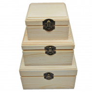 Set de 3 cajas cuadradas de madera natural sin tratar, juego cajas decorativas, cierre metálico, almacenaje objetos de valor, joyas, decoración del hogar