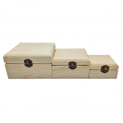 Set de 3 cajas cuadradas de madera natural sin tratar, juego cajas decorativas, cierre metálico, almacenaje objetos de valor, joyas, decoración del hogar