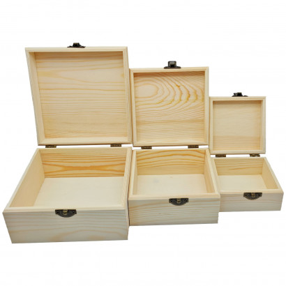 Set de 3 cajas cuadradas de madera natural sin tratar, juego cajas decorativas, cierre metálico, almacenaje objetos de valor, joyas, decoración del hogar