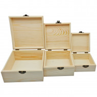 Set de 3 cajas cuadradas de madera natural sin tratar, juego cajas decorativas, cierre metálico, almacenaje objetos de valor, joyas, decoración del hogar