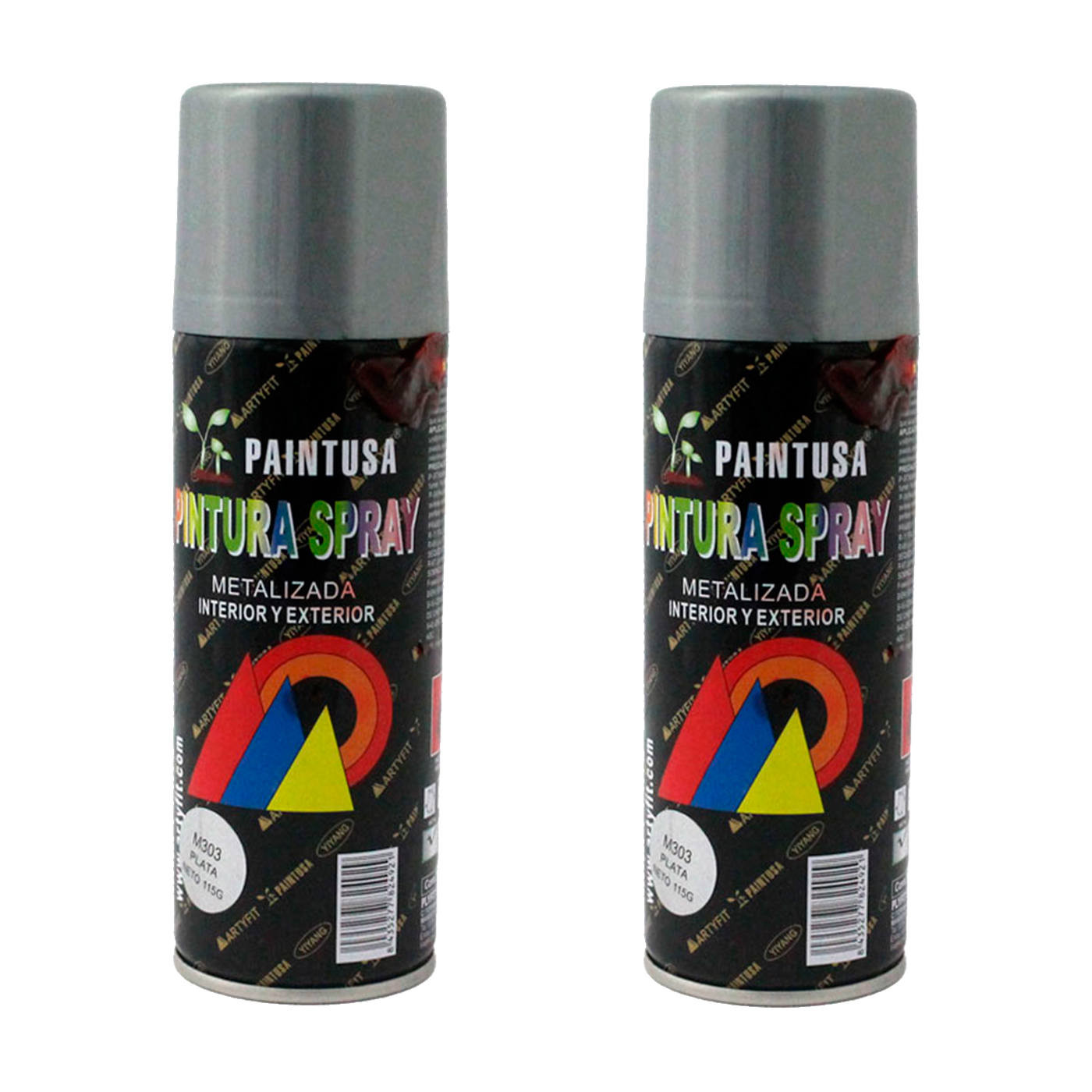 Montoro - Pack de 2 botes de pintura en spray color plata M303, 200 ml, válido para multitud de superficies de interior y exterior