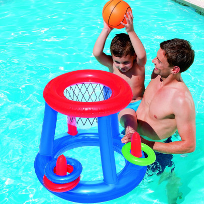 Canasta de baloncesto hinchable de vinilo con pelota y 3 aros 61 cm para piscina, válvulas de seguridad, deportes acuáticos en familia o con amigos