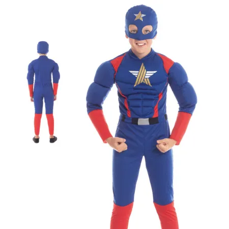 Disfraz de héroe con estrella de color azul y detalles en rojo de 10 a 12 años para las fiestas carnavales, fiestas, celebracion