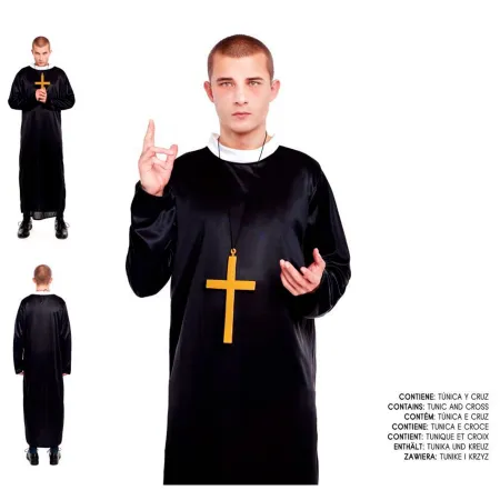 Tradineur - Disfraz de cura de color negro con crucifijo como colgante para jóvenes y adultos para carnaval, halloween, talla M