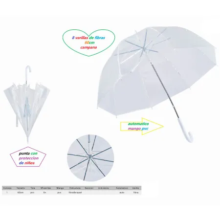 Tradineur - Paraguas transparente largo de mujer, forma de campana, PVC, apertura automática, 8 varillas de fibra, mango de plás Tradineur - Paraguas transparente largo de mujer, forma de campana, PVC, apertura automática, 8 varillas de fibra, mango de plás