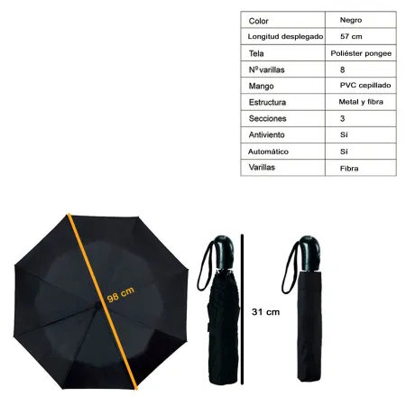 Tradineur - Paraguas plegable de caballero, poliéster pongee, antiviento, apertura automática, 8 varillas de fibra, compacto, vi