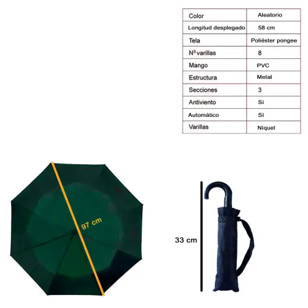 Tradineur - Paraguas plegable de mujer, poliéster pongee, antiviento, apertura automática, 8 varillas de níquel, compacto, viaje
