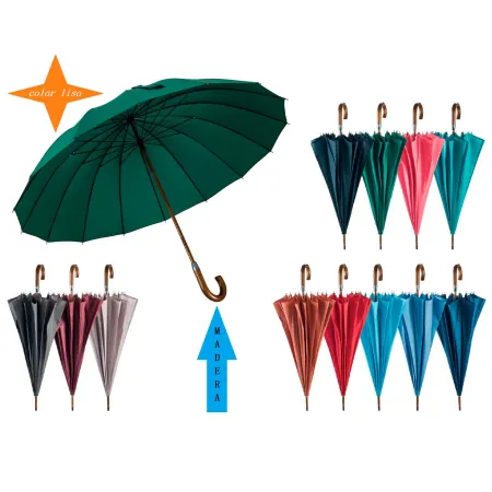 Tradineur - Paraguas largo de mujer, apertura manual, antiviento, 100% poliéster pongee, 16 varillas de fibra, mango de madera, Tradineur - Paraguas largo de mujer, apertura manual, antiviento, 100% poliéster pongee, 16 varillas de fibra, mango de madera,