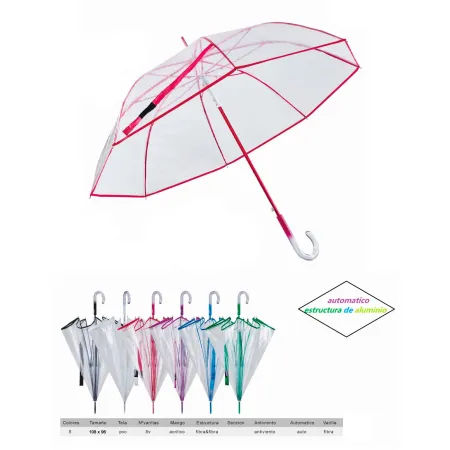 Tradineur - Paraguas transparente largo de mujer, PVC, mango acristalado, automático, antiviento, 8 varillas de fibra, ligero y 