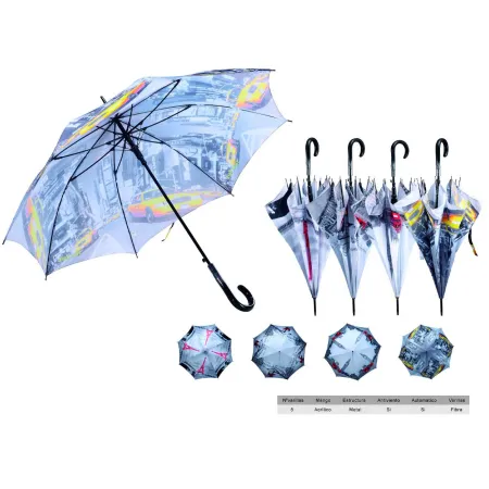 Tradineur - Paraguas largo gris con estampado de ciudades, poliéster, mango de plástico, automático, antiviento, 8 varillas de f