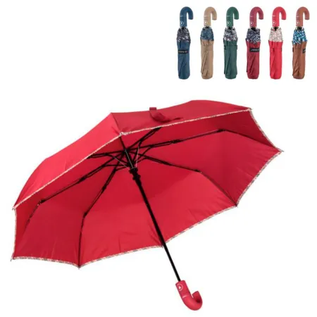 Tradineur - Paraguas plegable de mujer, poliéster, mango curvo de goma, automático y antiviento, 8 varillas de fibra, ligero y r Tradineur - Paraguas plegable de mujer, poliéster, mango curvo de goma, automático y antiviento, 8 varillas de fibra, ligero y r