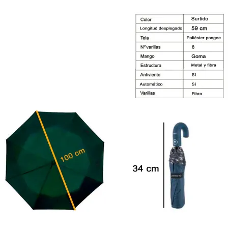 Tradineur - Paraguas plegable de mujer, poliéster, mango curvo de goma, automático y antiviento, 8 varillas de fibra, ligero y r Tradineur - Paraguas plegable de mujer, poliéster, mango curvo de goma, automático y antiviento, 8 varillas de fibra, ligero y r
