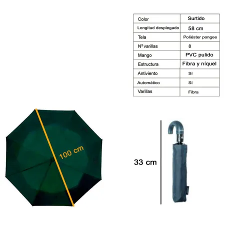 Tradineur - Paraguas plegable de poliéster, mango curvo de pvc, automático y antiviento, 8 varillas de fibra, ligero y resistent