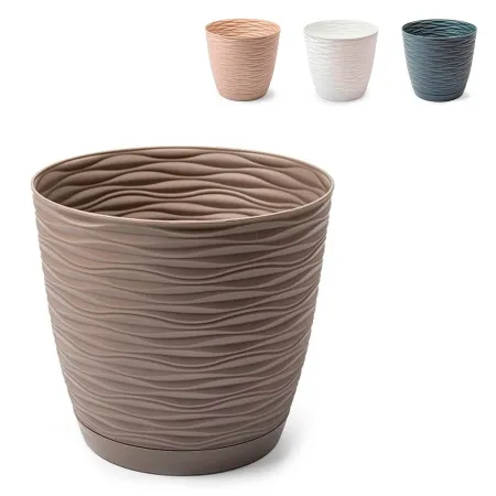 Tradineur - Maceta redonda con plato - Diseño Wind (Ø 19 cm) - Fabricado en plástico - Ideal para jardín exterior, terraza o bal