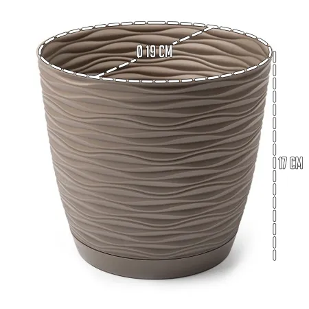 Tradineur - Maceta redonda con plato - Diseño Wind (Ø 19 cm) - Fabricado en plástico - Ideal para jardín exterior, terraza o bal