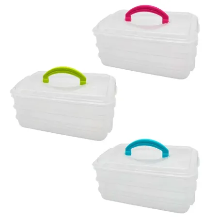 Tradineur - Fiambrera apilable Nº 2 con asa, plástico, 3 compartimentos de 1 litro, apta para microondas y congelador, fabricada