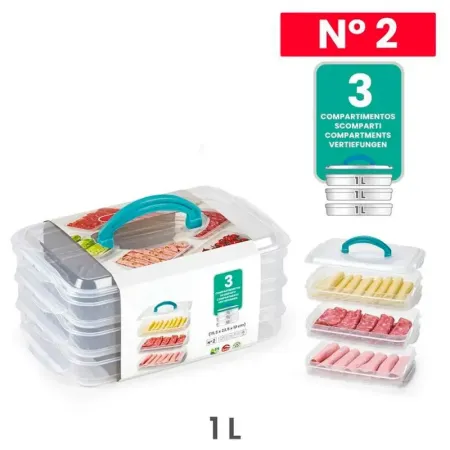 Tradineur - Fiambrera apilable Nº 2 con asa, plástico, 3 compartimentos de 1 litro, apta para microondas y congelador, fabricada